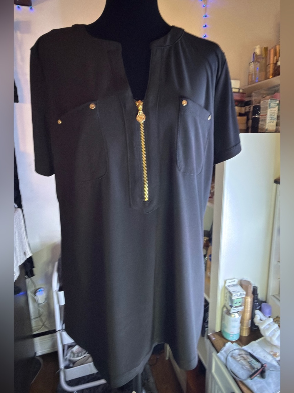 Anne Klein Black Short-Sleeve Top with Gold Zip